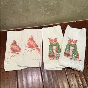 Set of Animal Print Tea Towels/Napkins 2 Cardinals and 2 Snowy Cat.